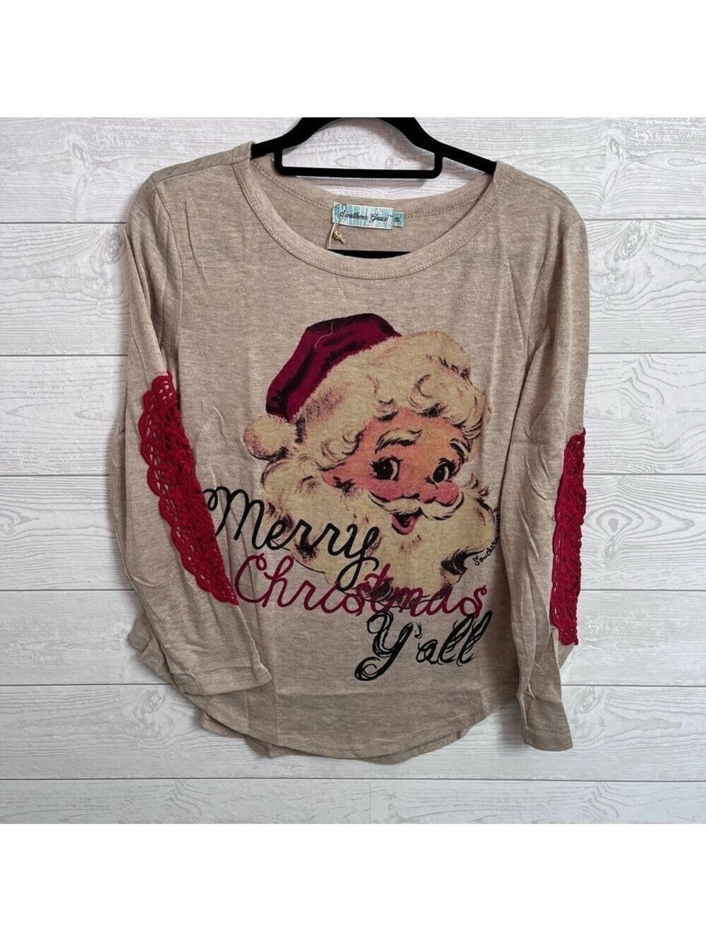 Southern Grace Women’s Tan Long Sleeve Baseball Santa Top. Size S